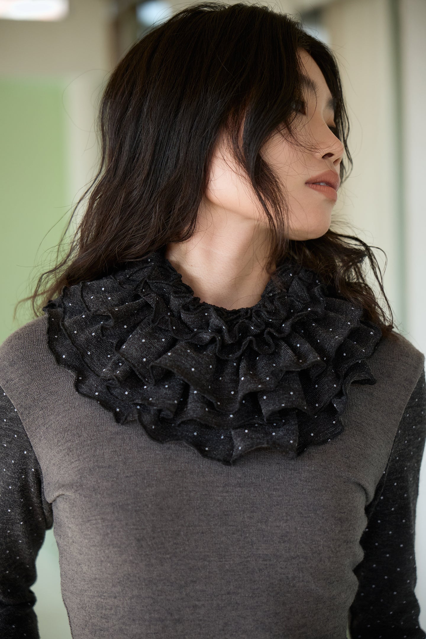 Polka Dot Frill Detachable-Scarf Top