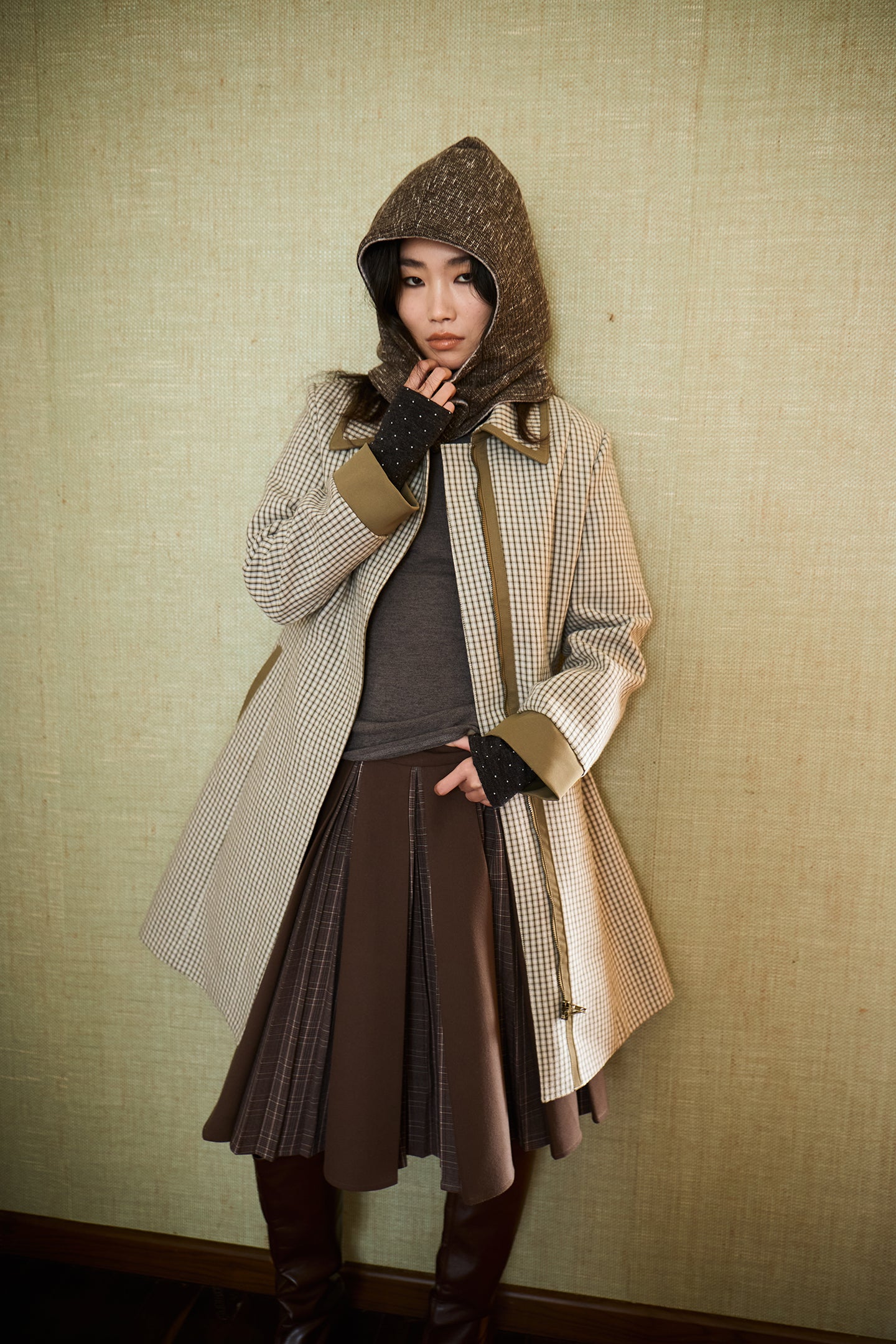 Brown Layered Pleated Plaid Patchwork Skirt