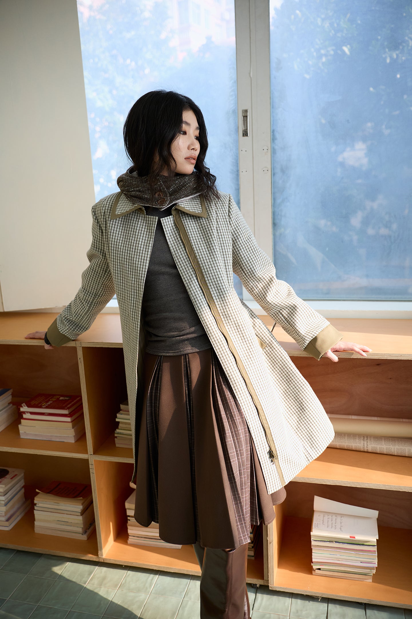 Green Check Mid-Long Fitted Coat