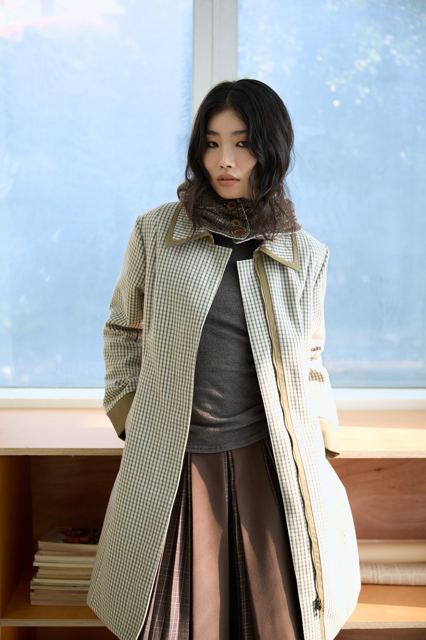 Green Check Mid-Long Fitted Coat