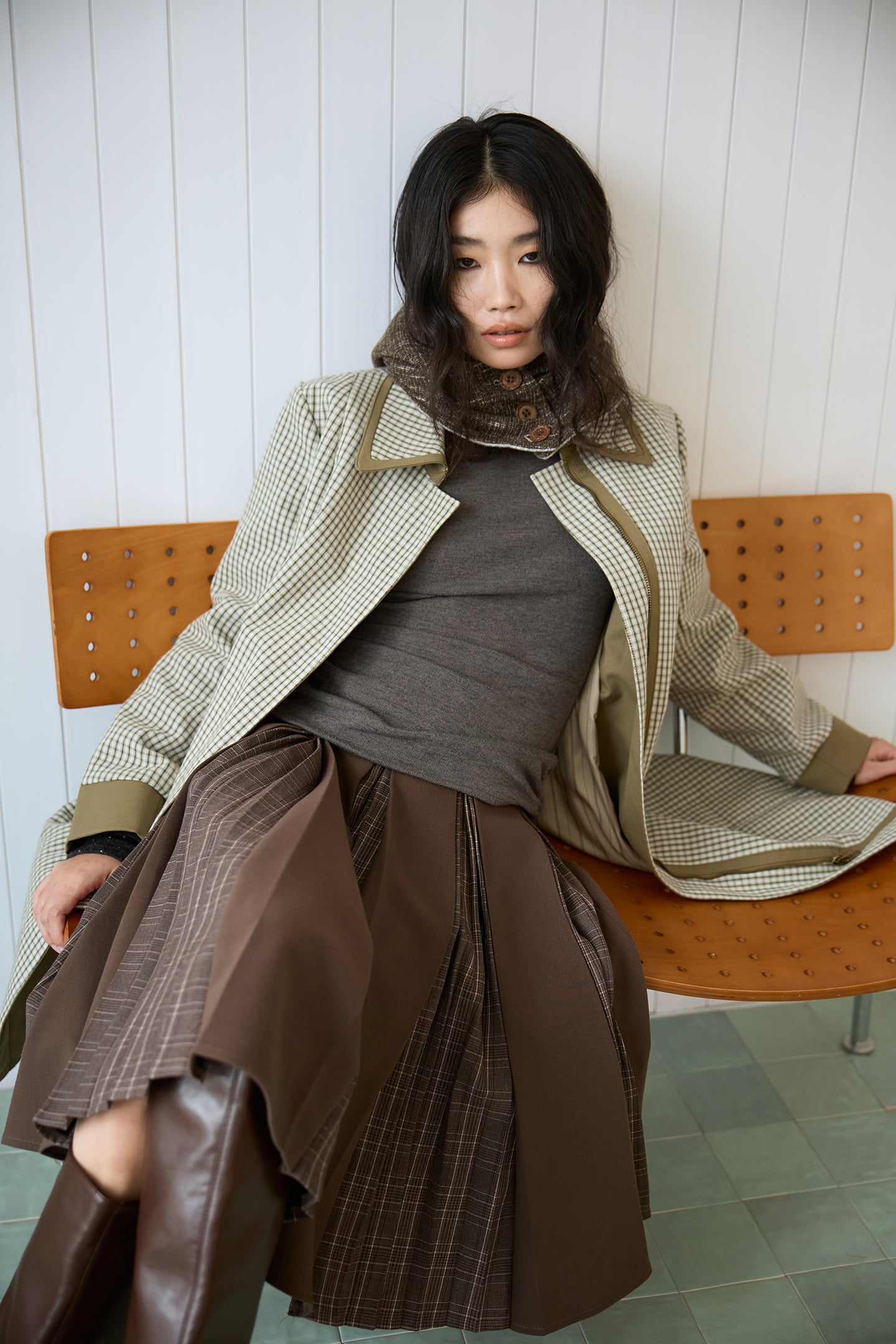 Brown Layered Pleated Plaid Patchwork Skirt