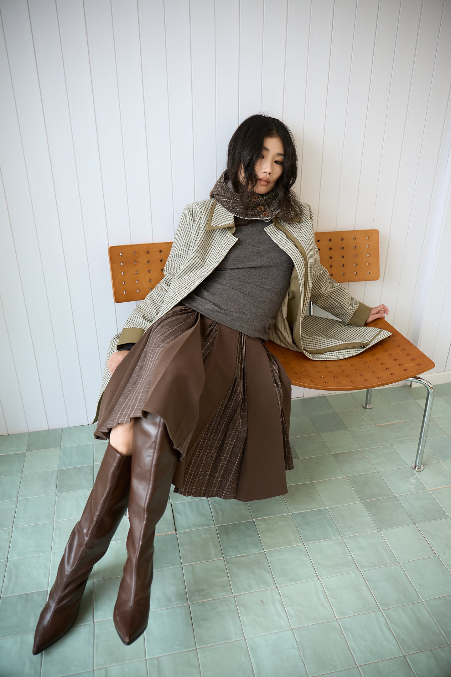Brown Layered Pleated Plaid Patchwork Skirt