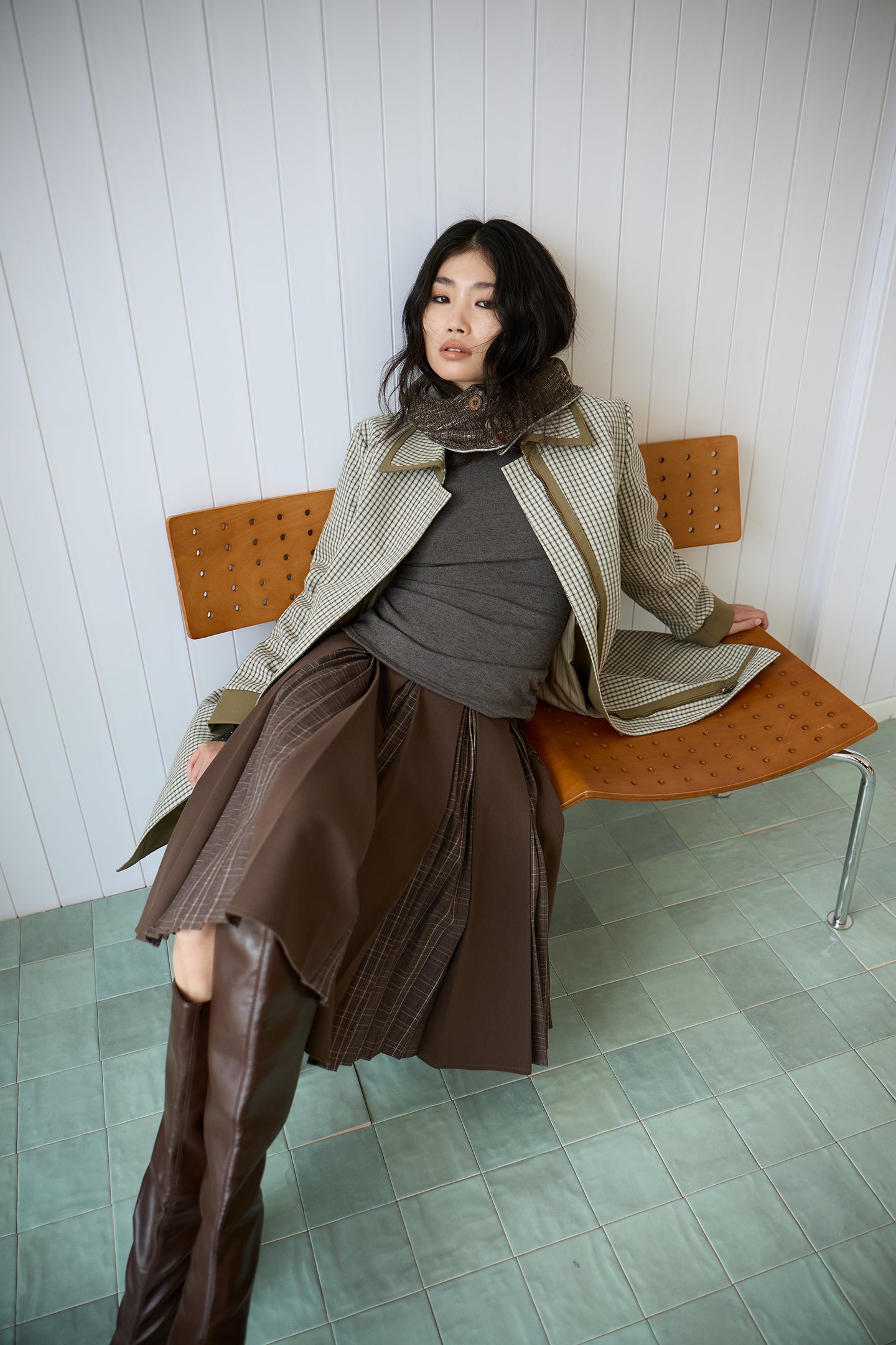 Brown Layered Pleated Plaid Patchwork Skirt