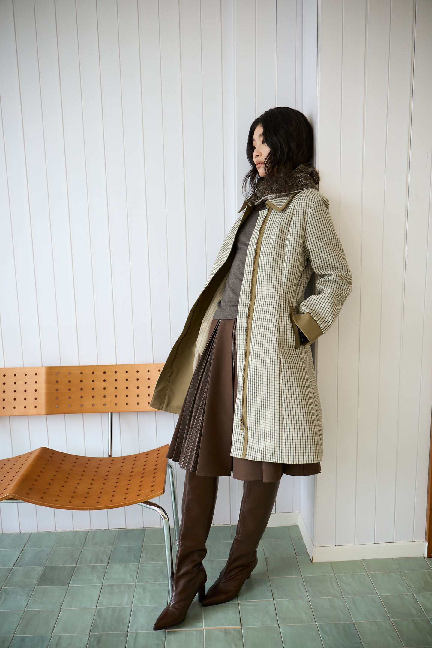 Green Check Mid-Long Fitted Coat
