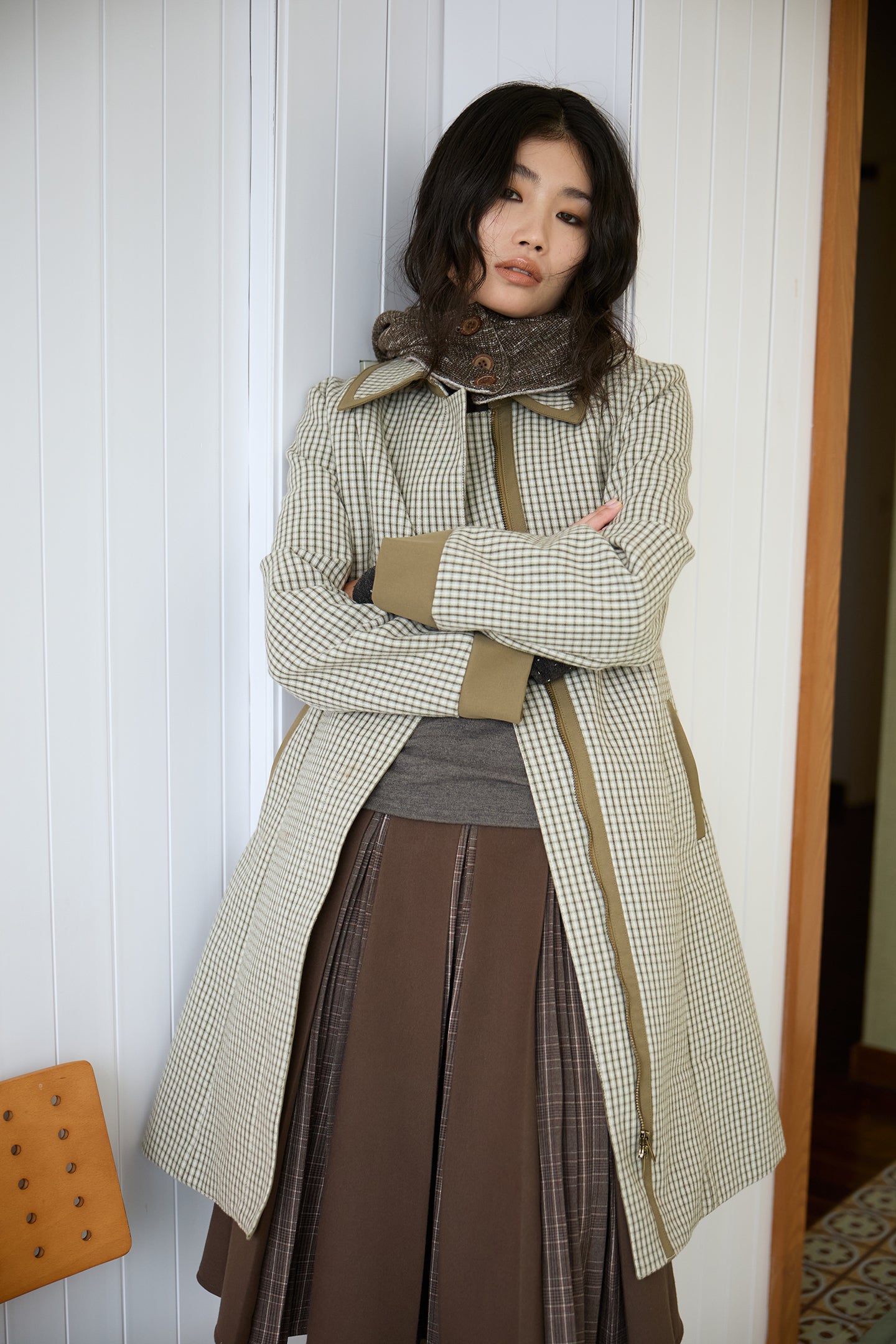Green Check Mid-Long Fitted Coat