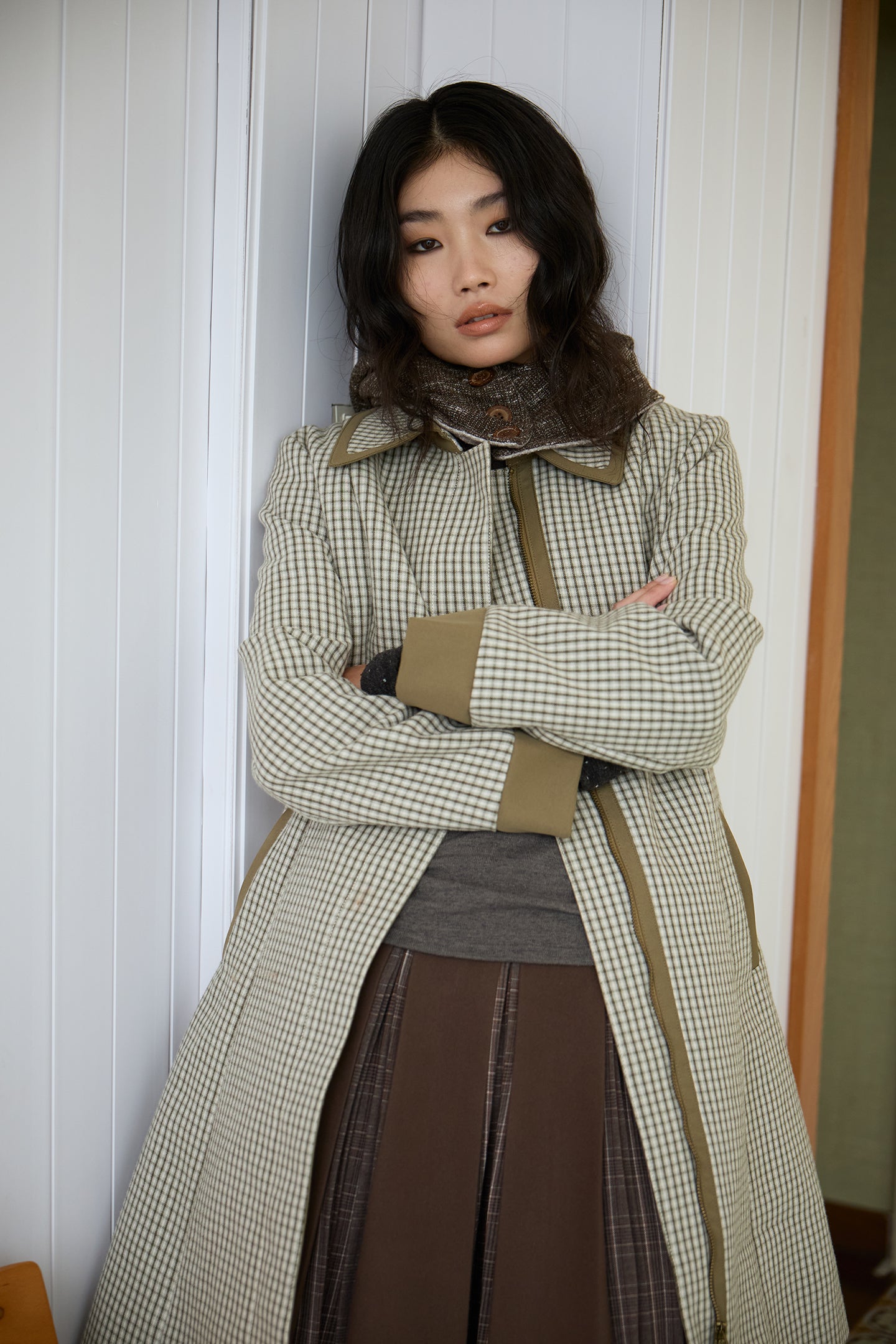 Brown Layered Pleated Plaid Patchwork Skirt