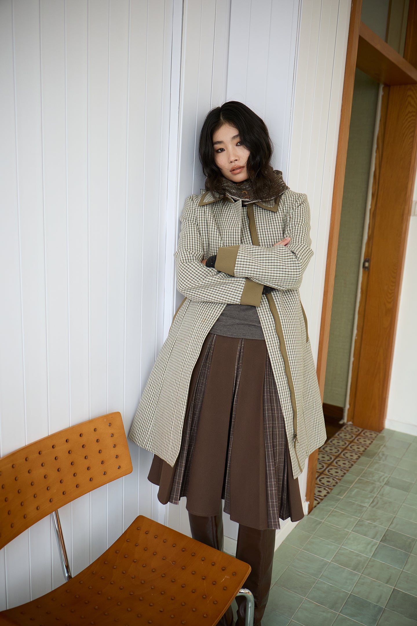 Green Check Mid-Long Fitted Coat