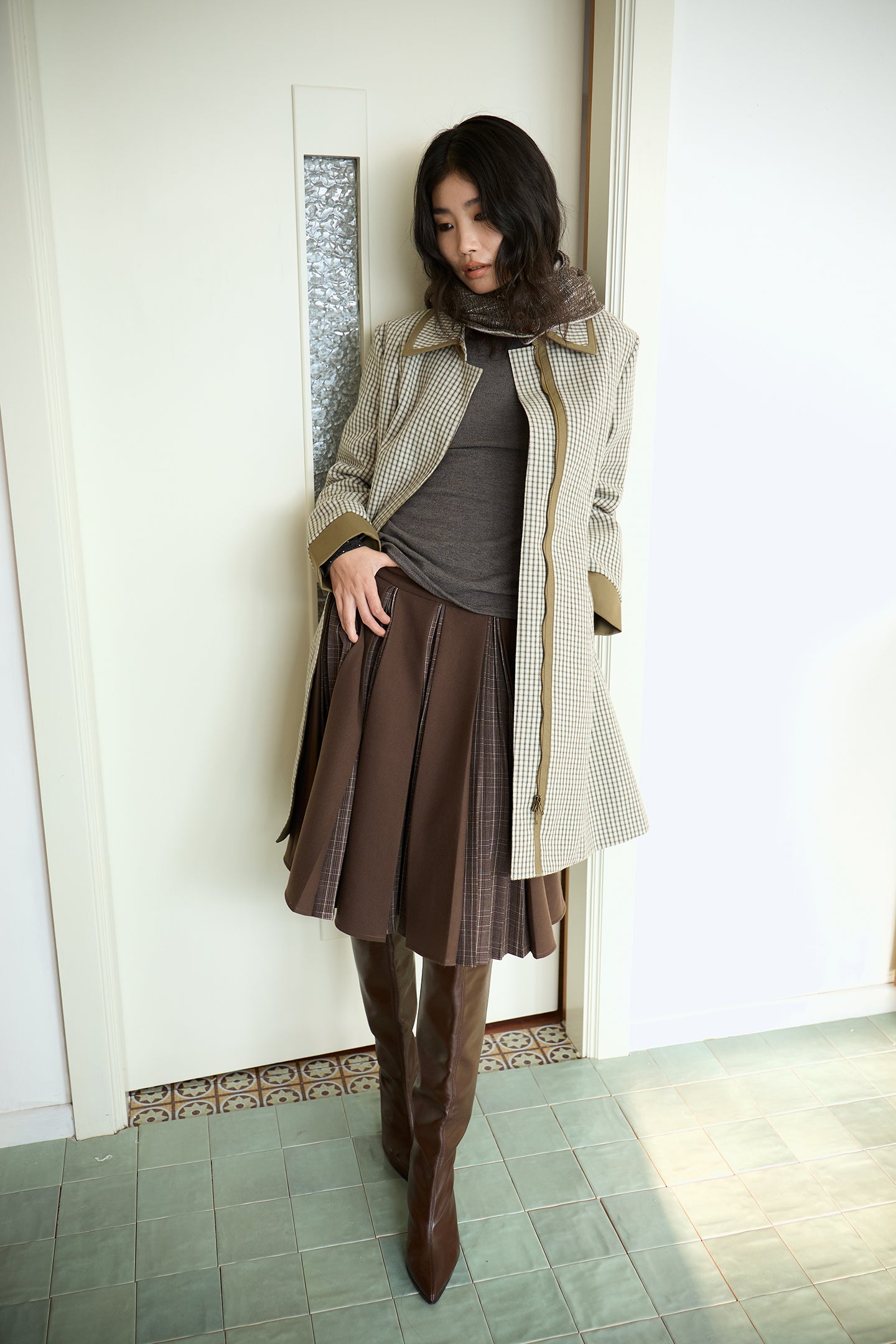 Green Check Mid-Long Fitted Coat