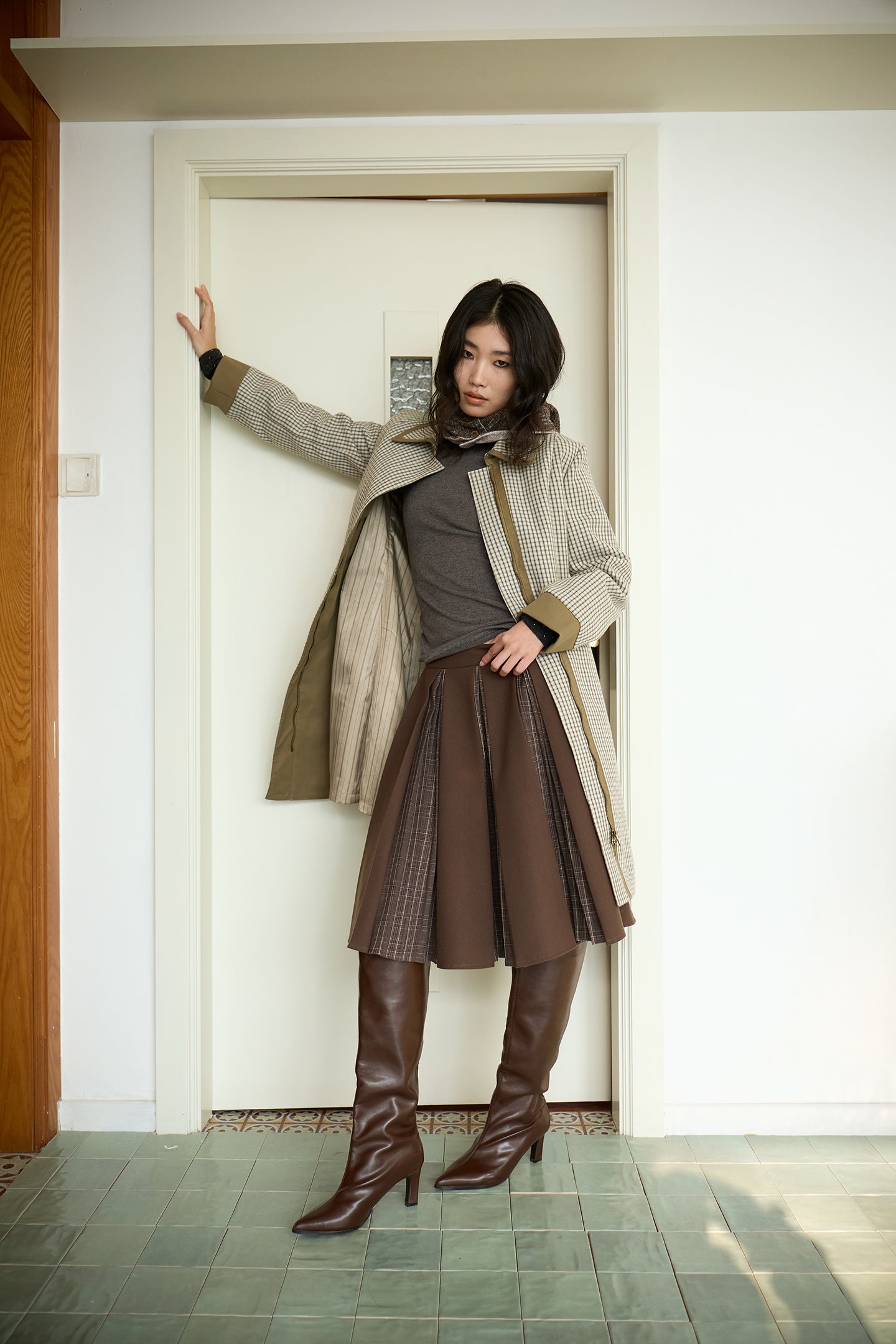 Green Check Mid-Long Fitted Coat