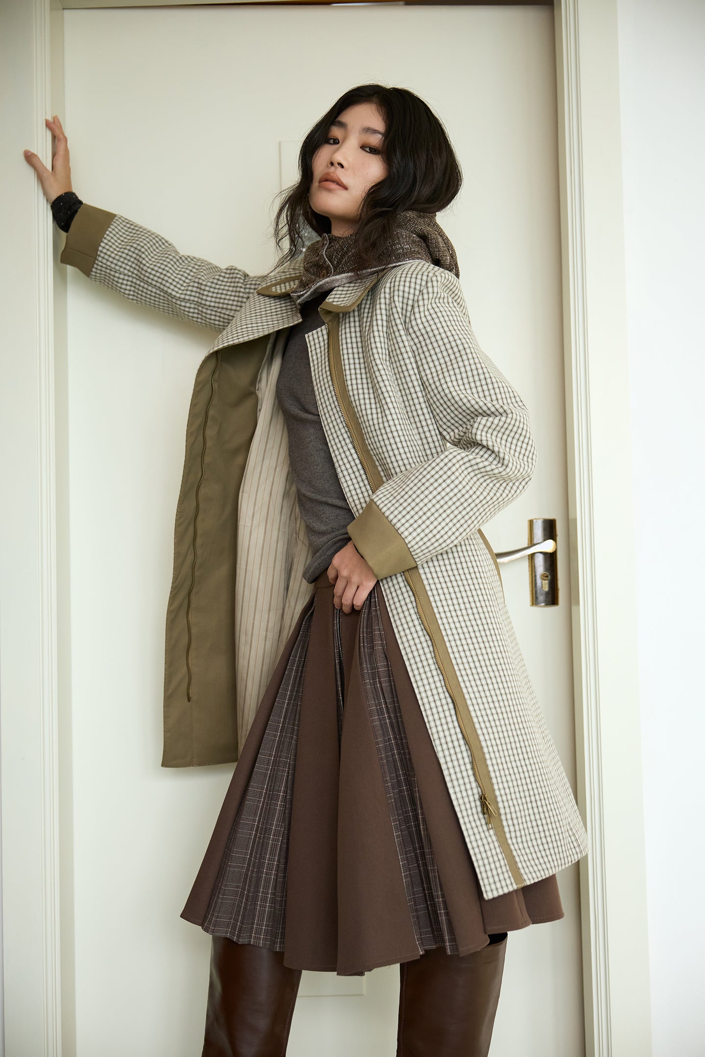 Brown Layered Pleated Plaid Patchwork Skirt