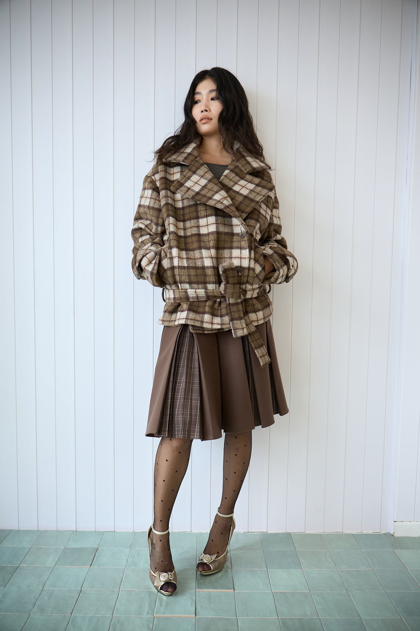 Plaid Asymmetric Lapel Wool Coat