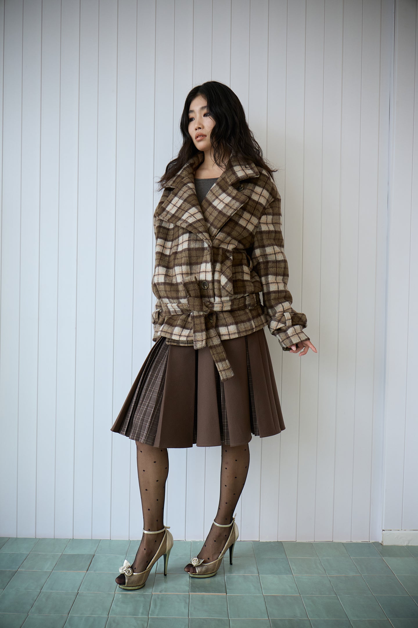 Plaid Asymmetric Lapel Wool Coat