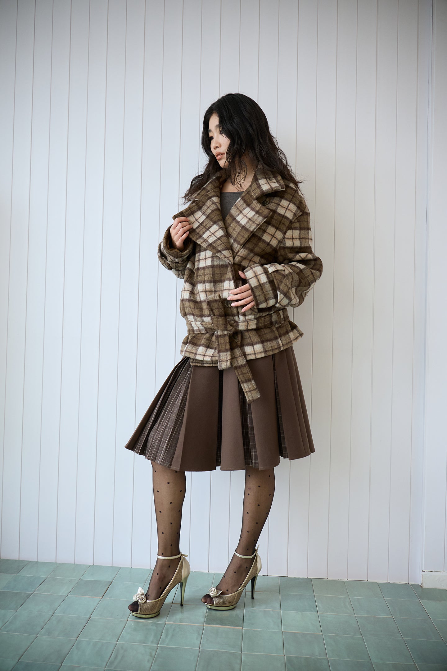 Plaid Asymmetric Lapel Wool Coat
