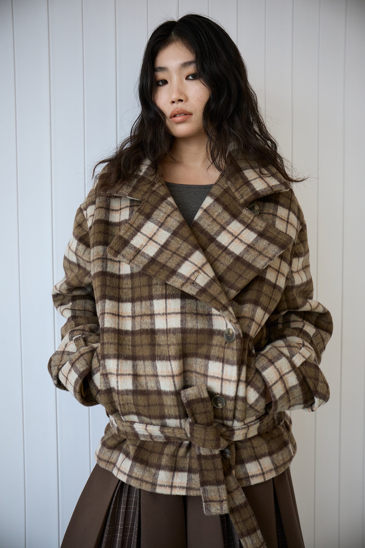 Plaid Asymmetric Lapel Wool Coat
