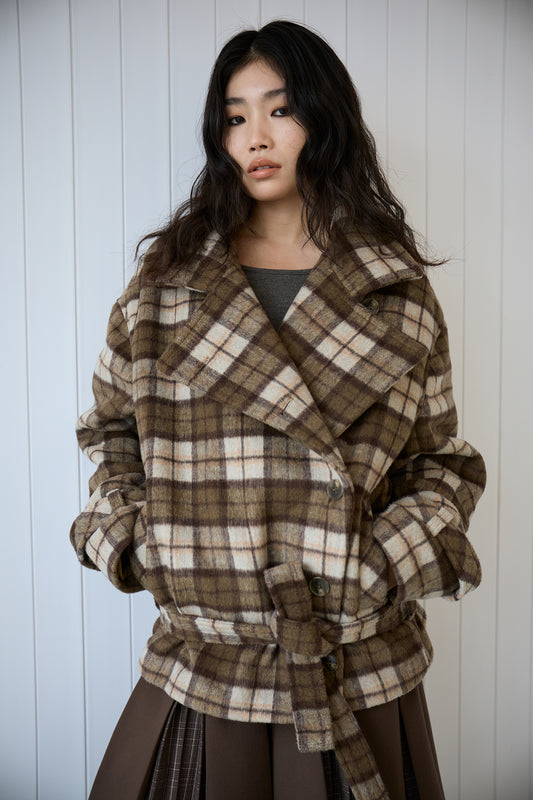 Plaid Asymmetric Lapel Wool Coat