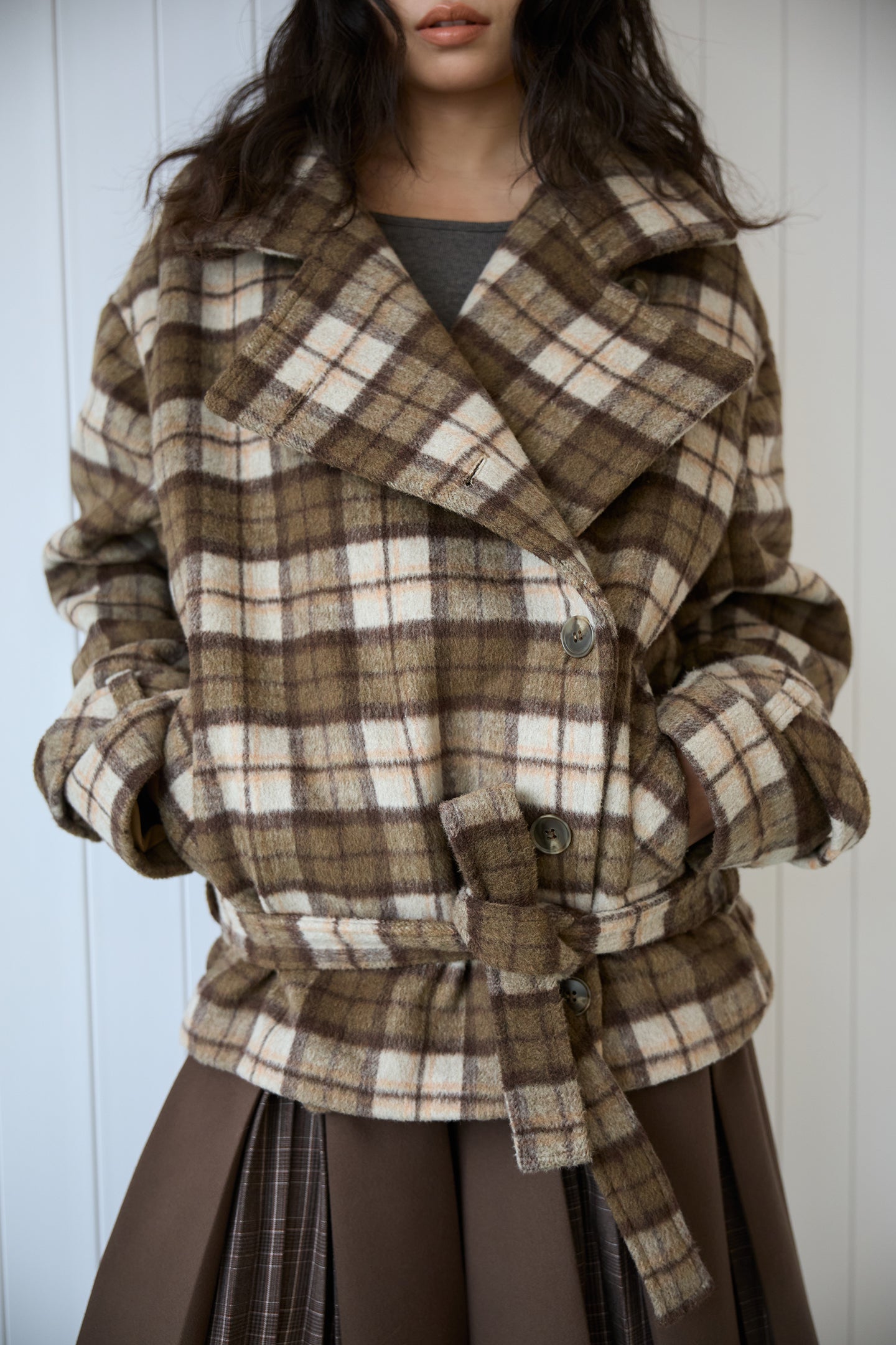 Plaid Asymmetric Lapel Wool Coat