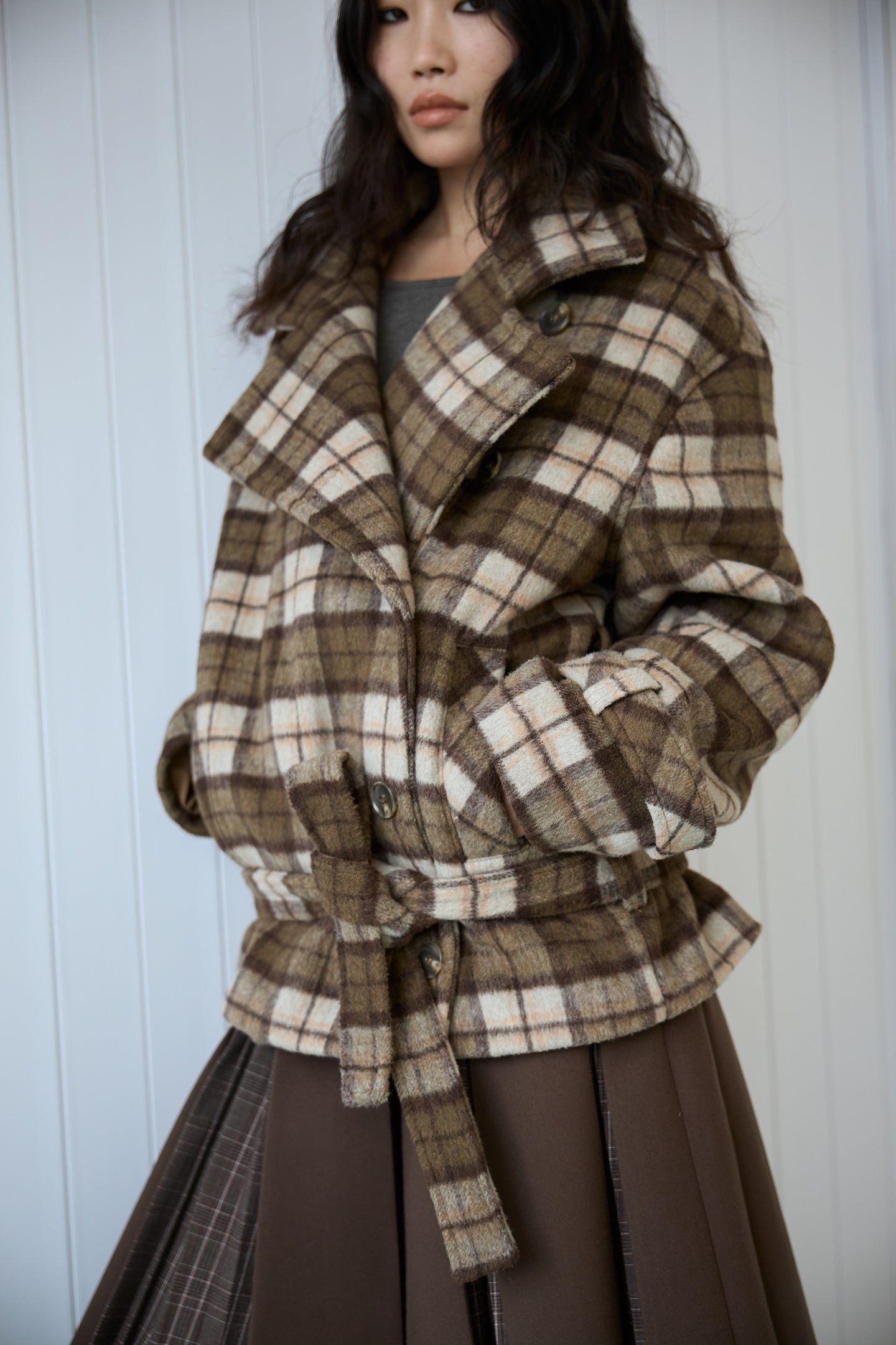 Plaid Asymmetric Lapel Wool Coat