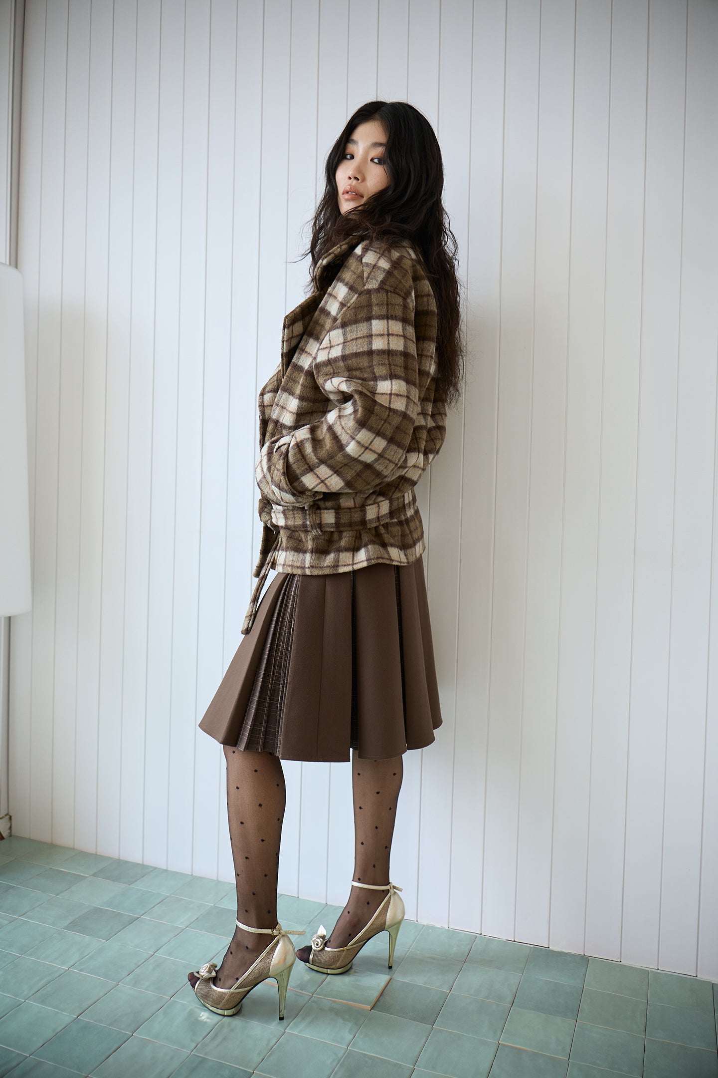 Brown Layered Pleated Plaid Patchwork Skirt