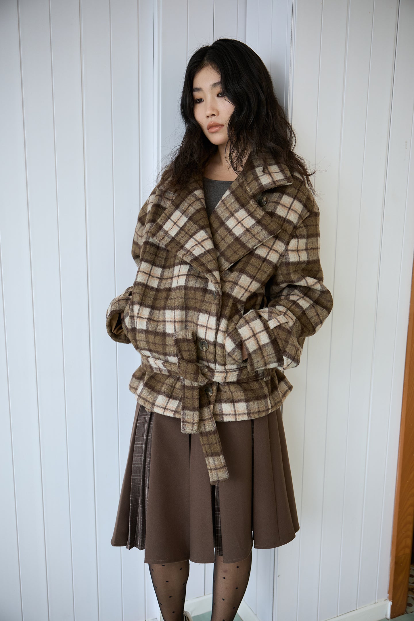 Plaid Asymmetric Lapel Wool Coat