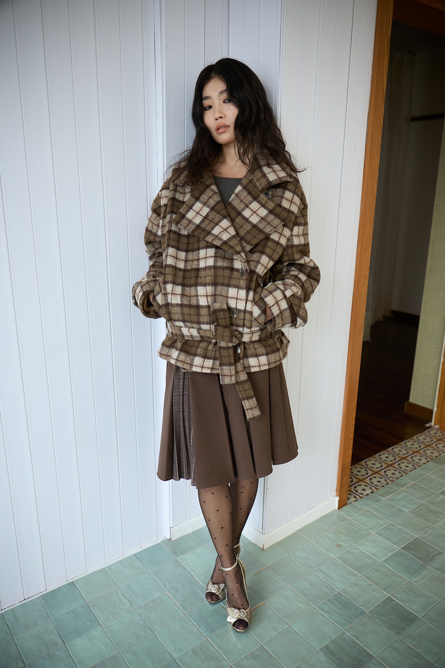 Brown Layered Pleated Plaid Patchwork Skirt