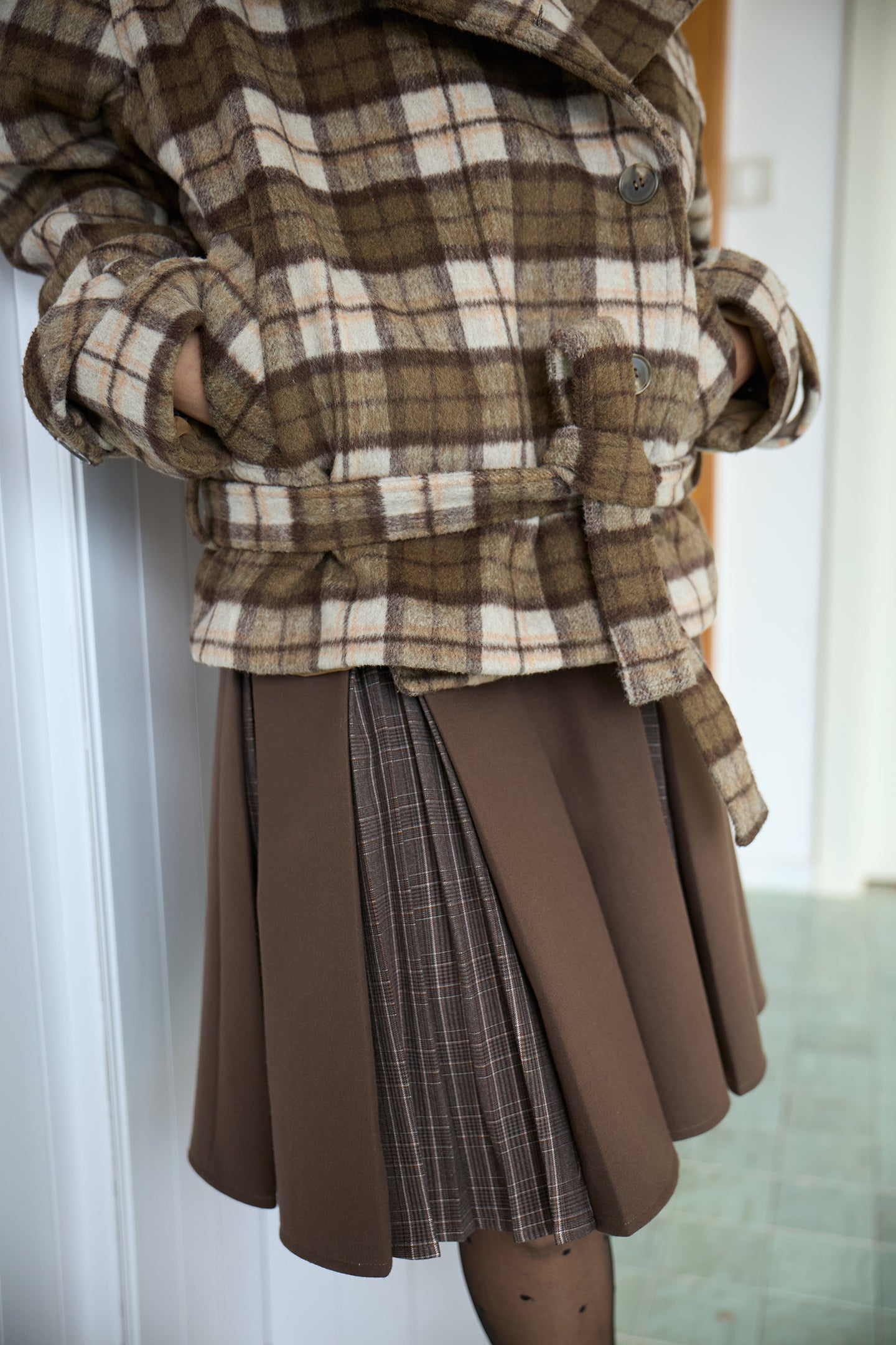 Plaid Asymmetric Lapel Wool Coat