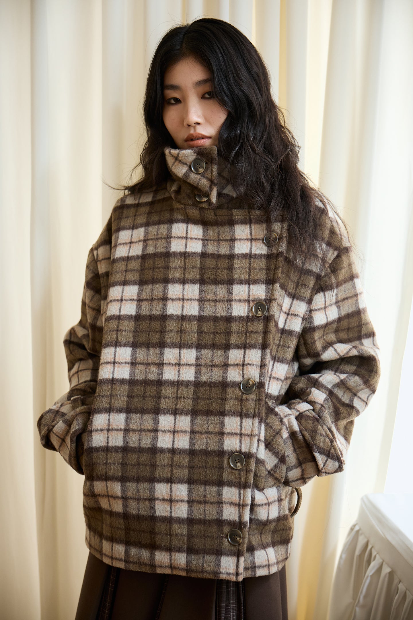 Plaid Asymmetric Lapel Wool Coat