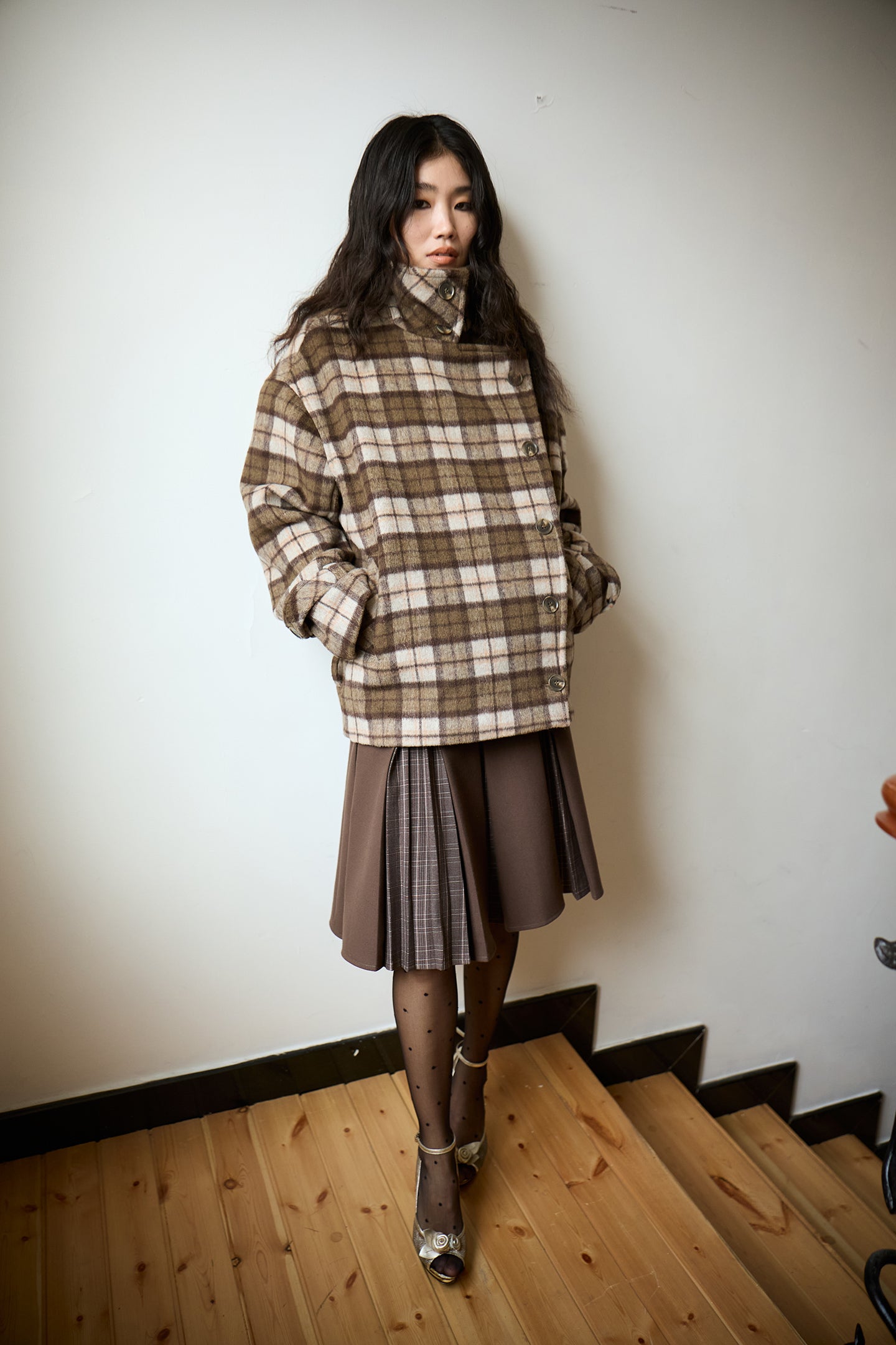 Brown Layered Pleated Plaid Patchwork Skirt
