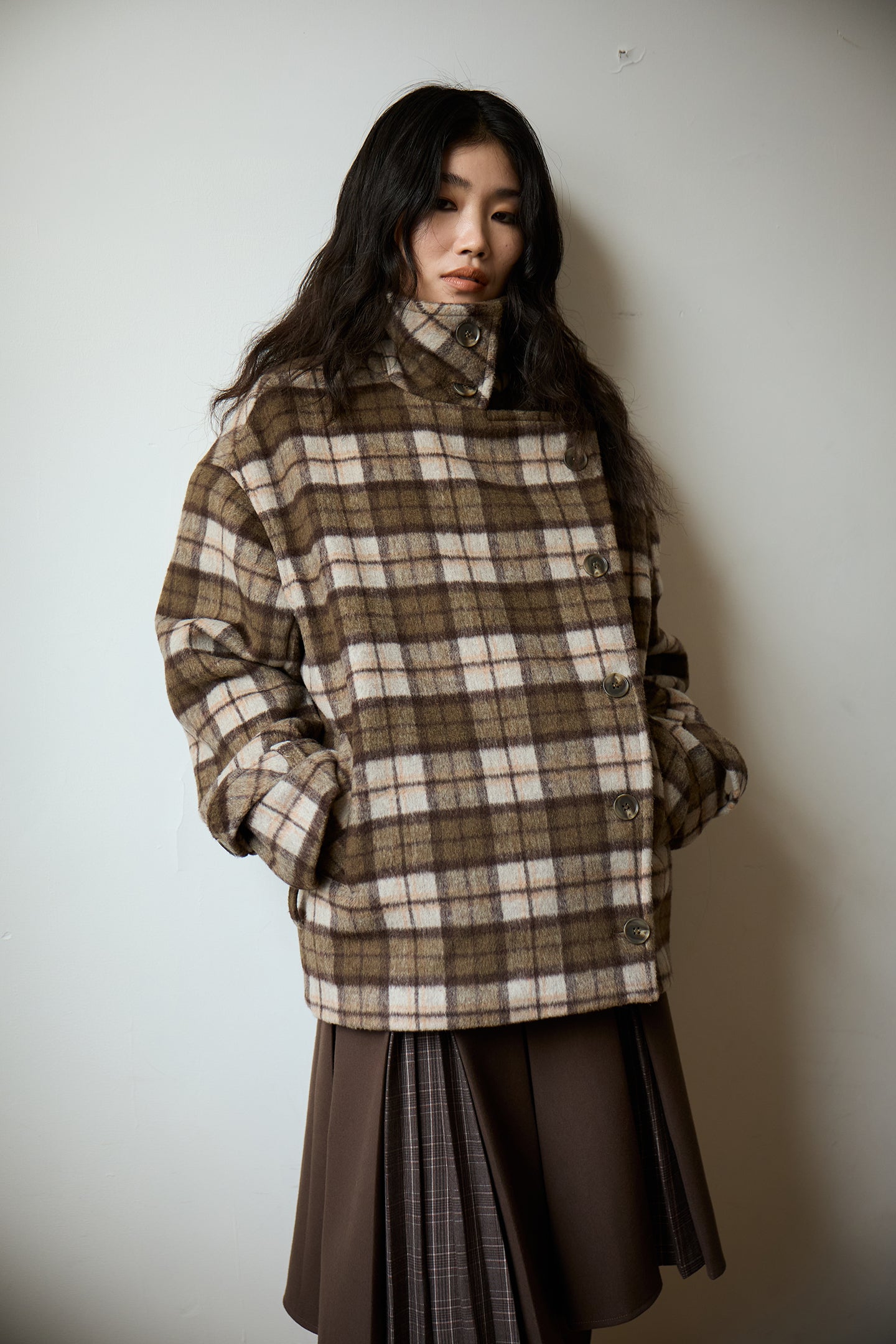 Plaid Asymmetric Lapel Wool Coat