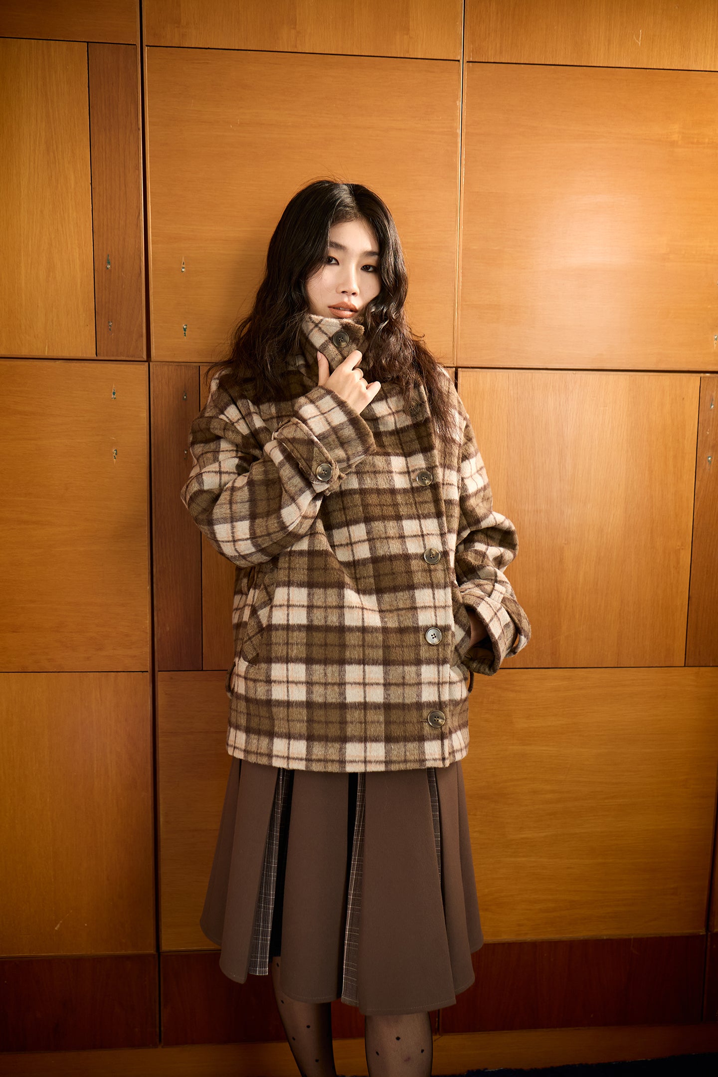 Plaid Asymmetric Lapel Wool Coat