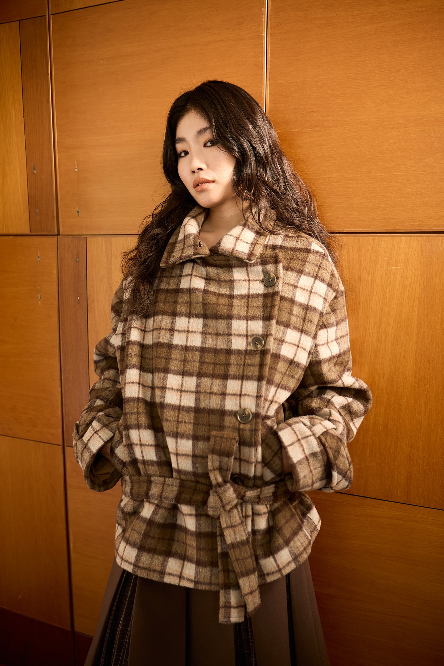 Plaid Asymmetric Lapel Wool Coat