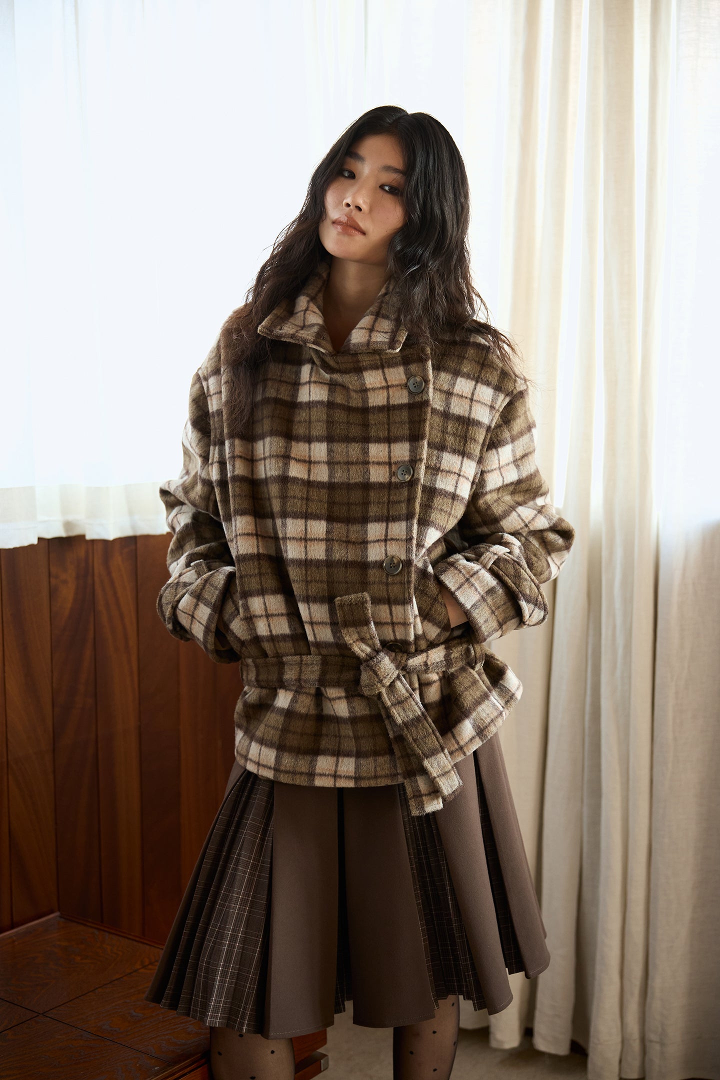 Brown Layered Pleated Plaid Patchwork Skirt