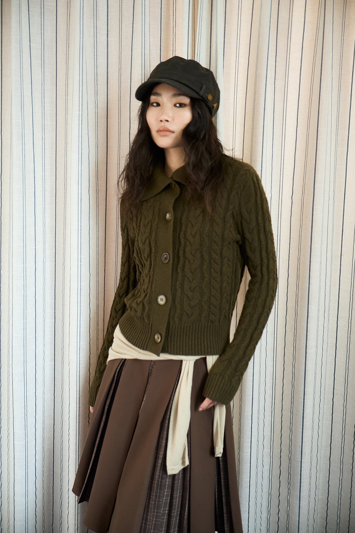 Olive Green Cable Knit Wool Sweater