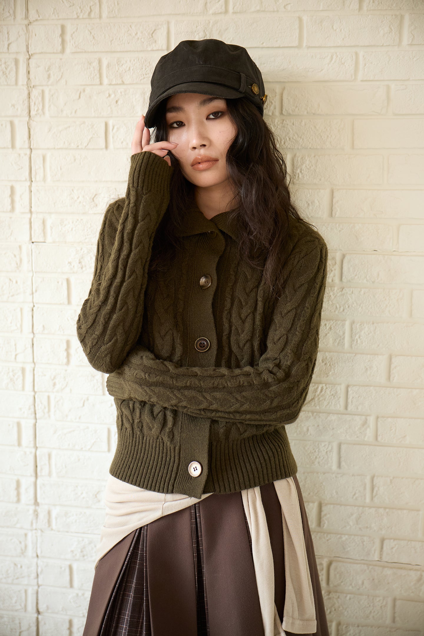 Olive Green Cable Knit Wool Sweater