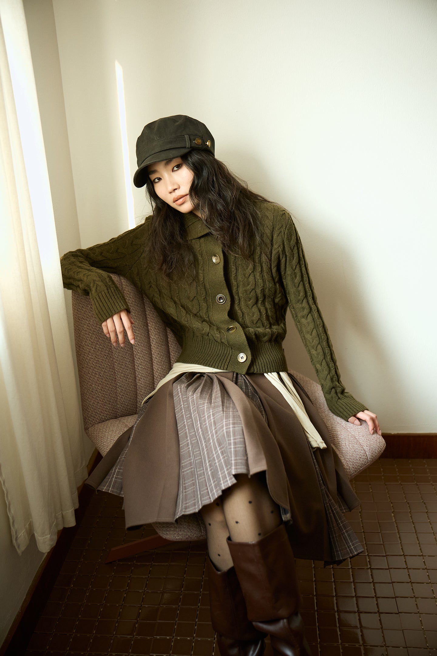 Brown Layered Pleated Plaid Patchwork Skirt