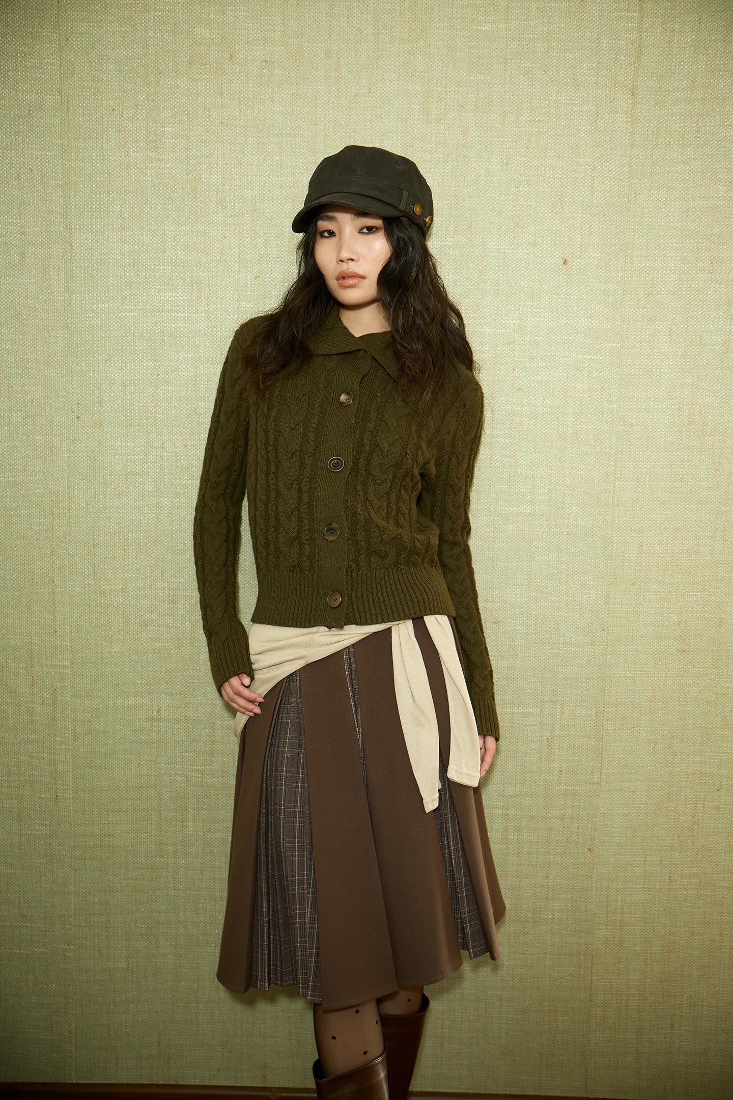 Brown Layered Pleated Plaid Patchwork Skirt