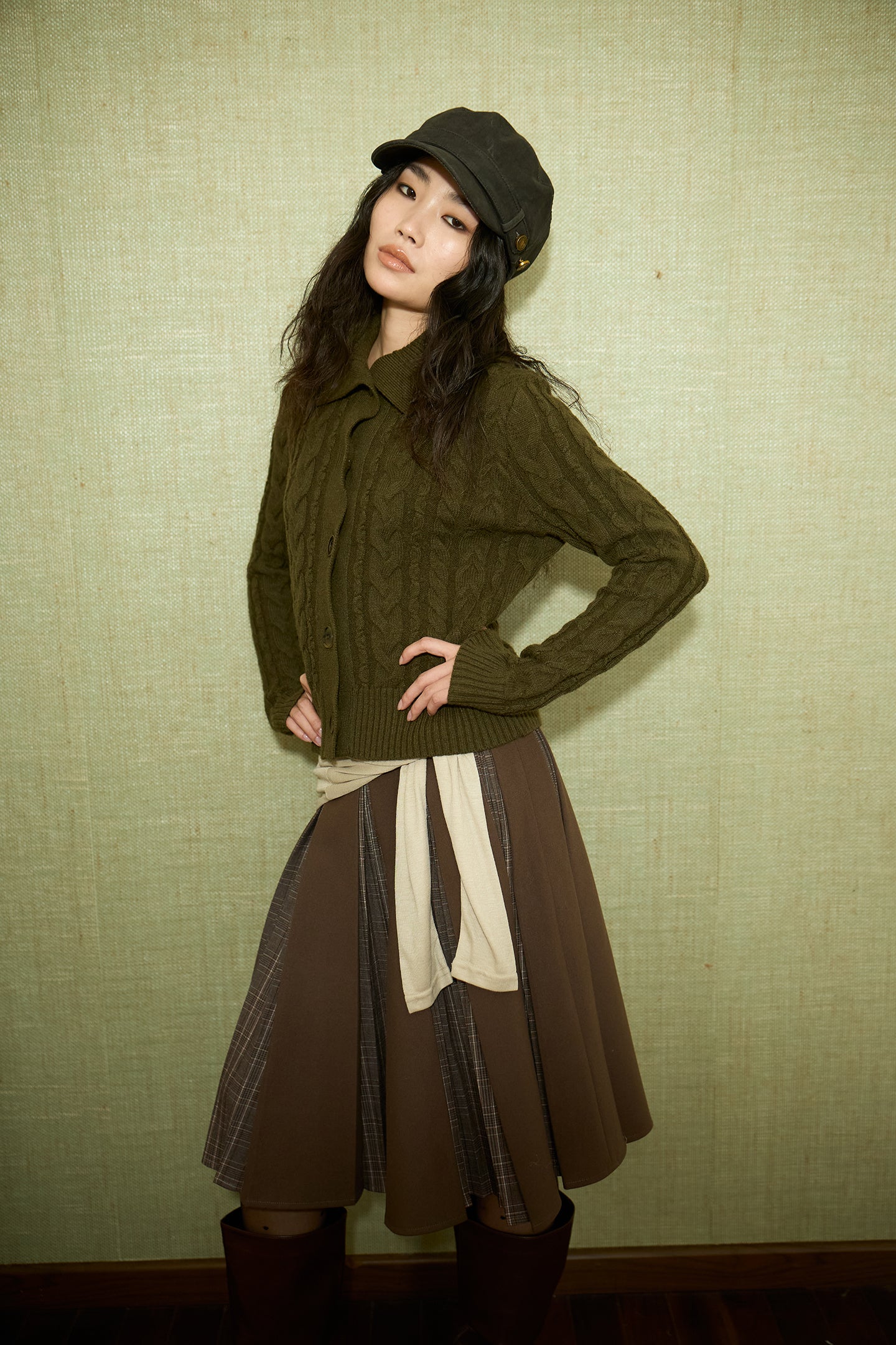Brown Layered Pleated Plaid Patchwork Skirt