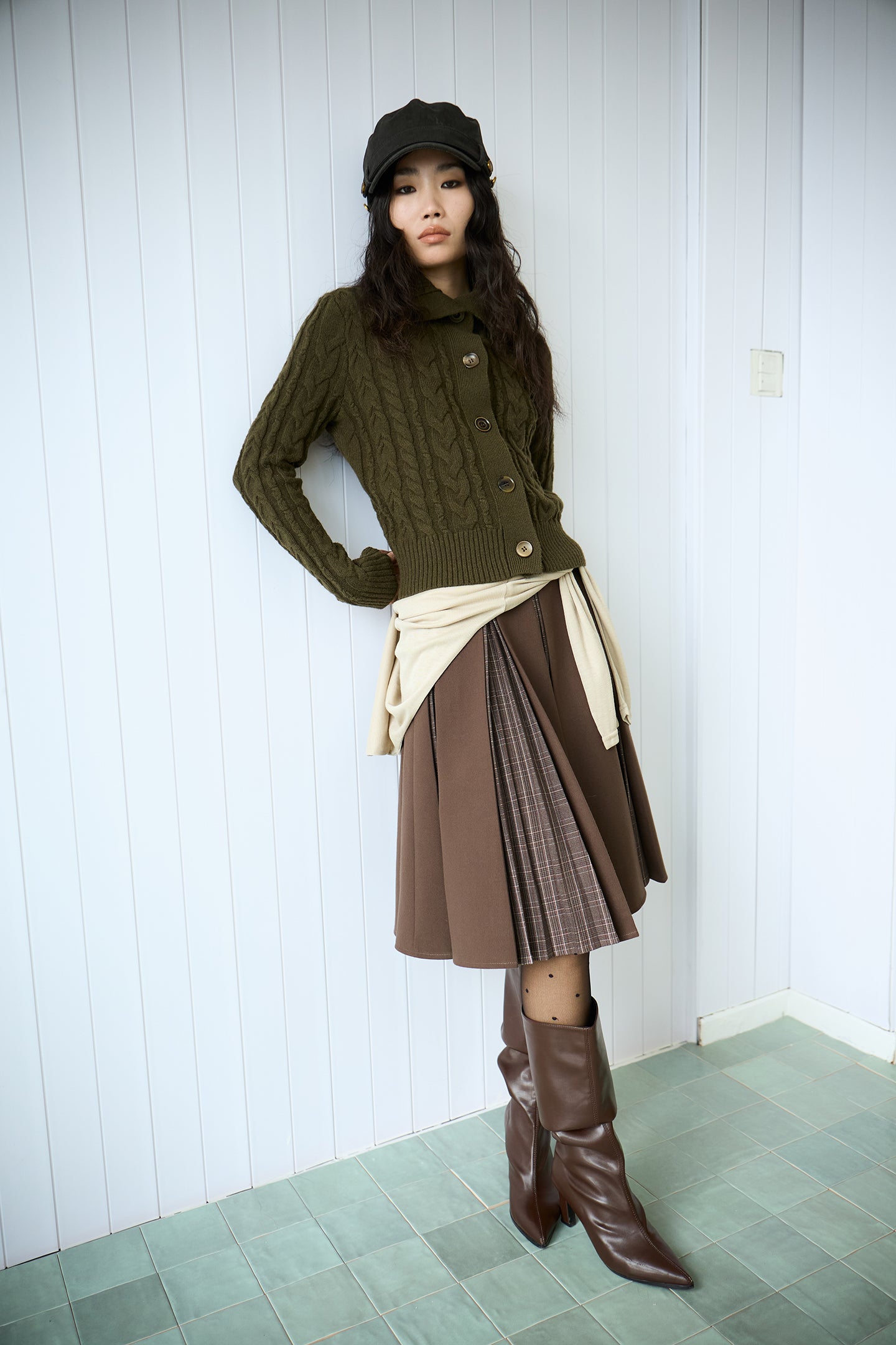 Brown Layered Pleated Plaid Patchwork Skirt