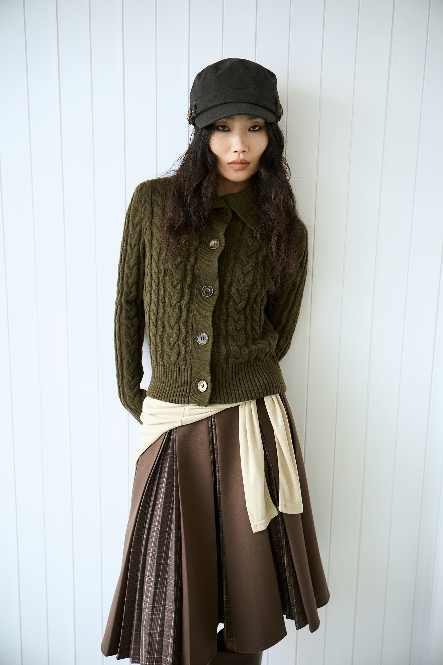 Olive Green Cable Knit Wool Sweater