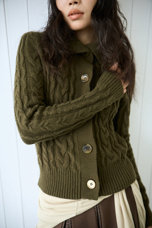Olive Green Cable Knit Wool Sweater