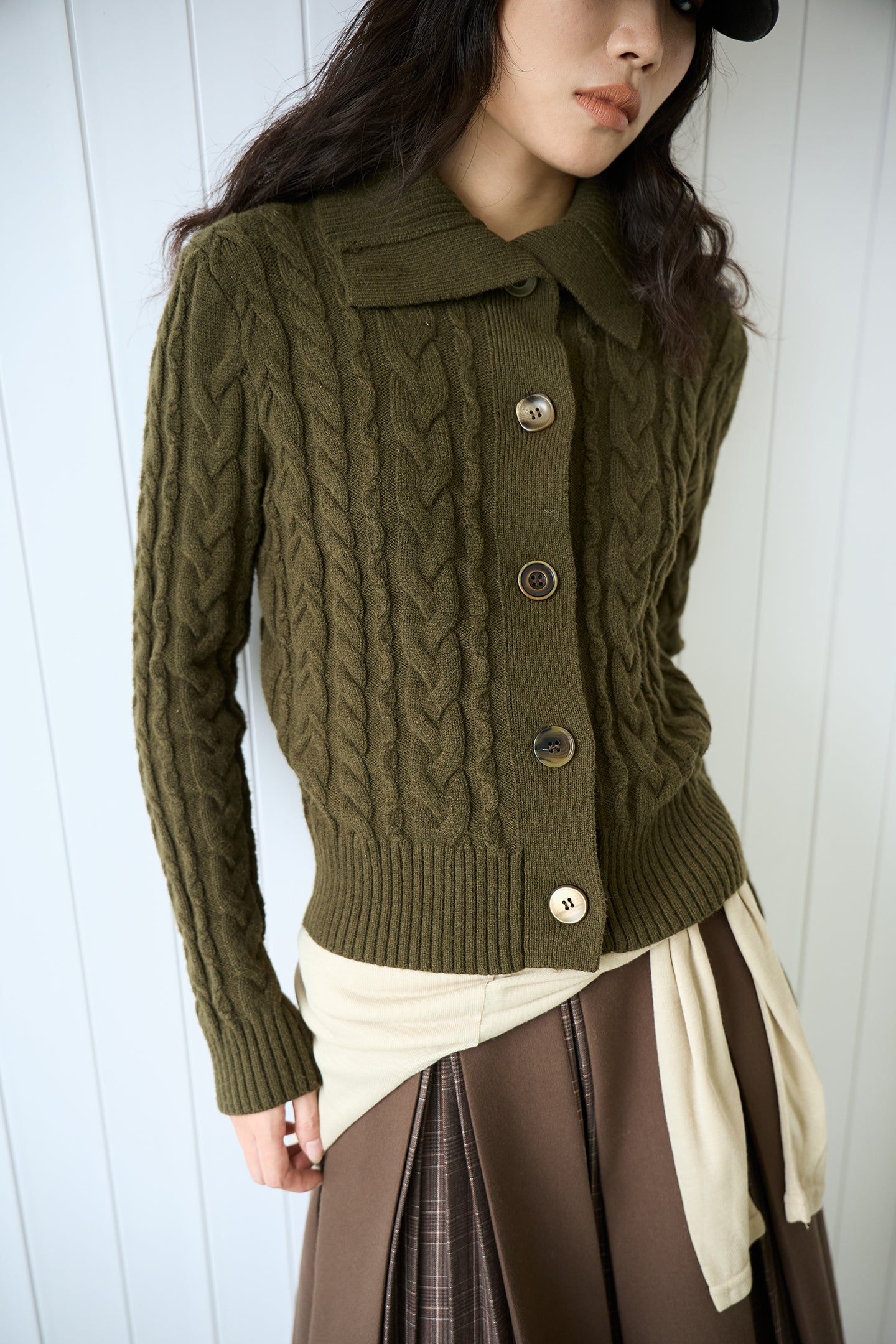 Olive Green Cable Knit Wool Sweater