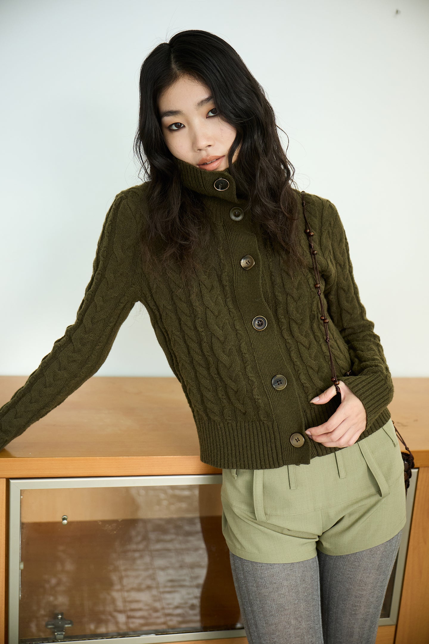 Olive Green Cable Knit Wool Sweater