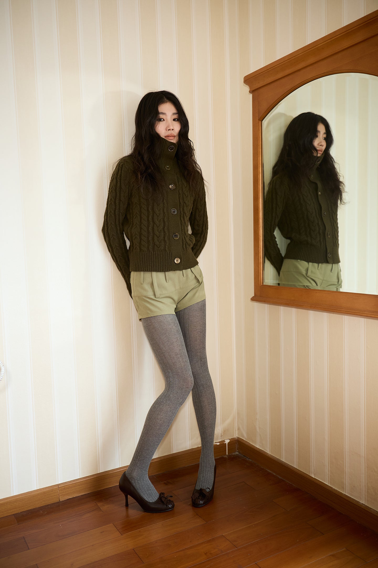 Olive Green Cable Knit Wool Sweater