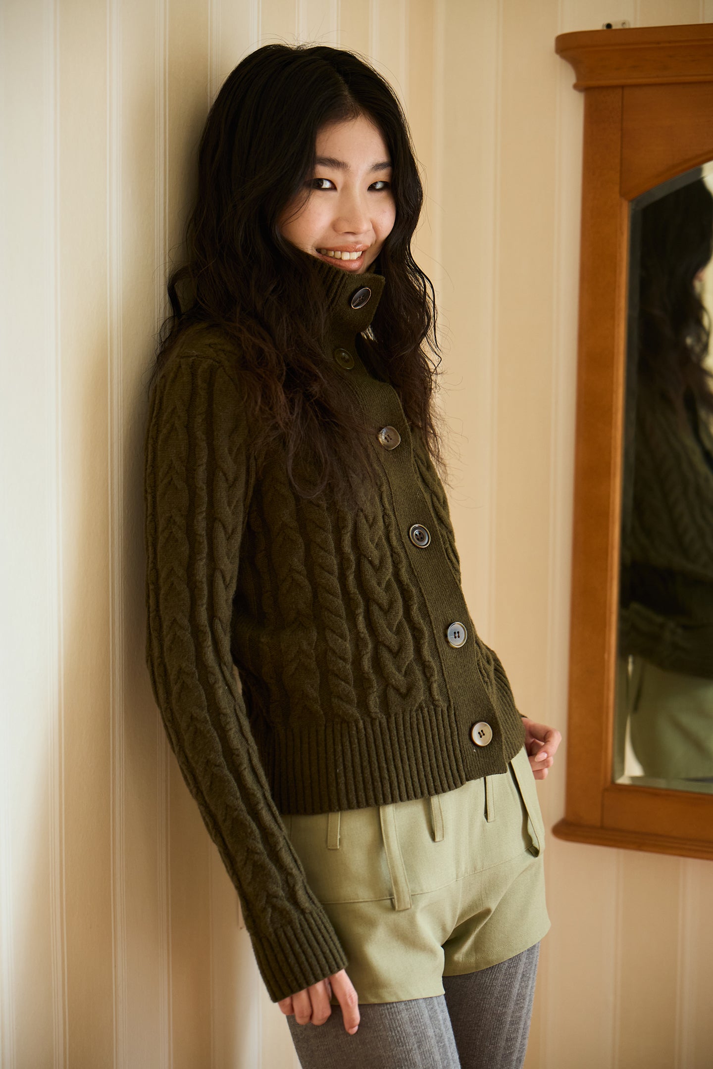 Olive Green Cable Knit Wool Sweater