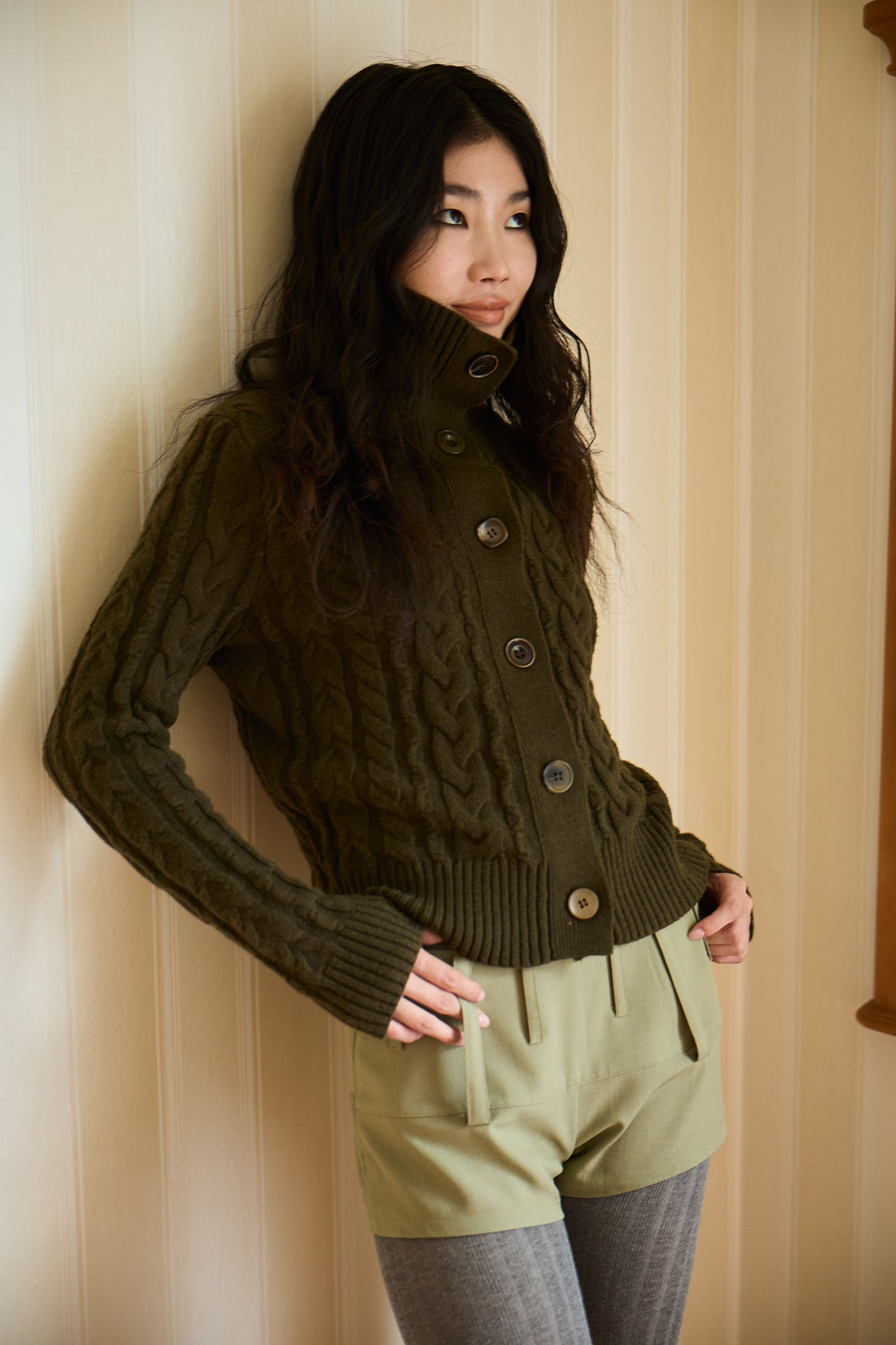 Olive Green Cable Knit Wool Sweater