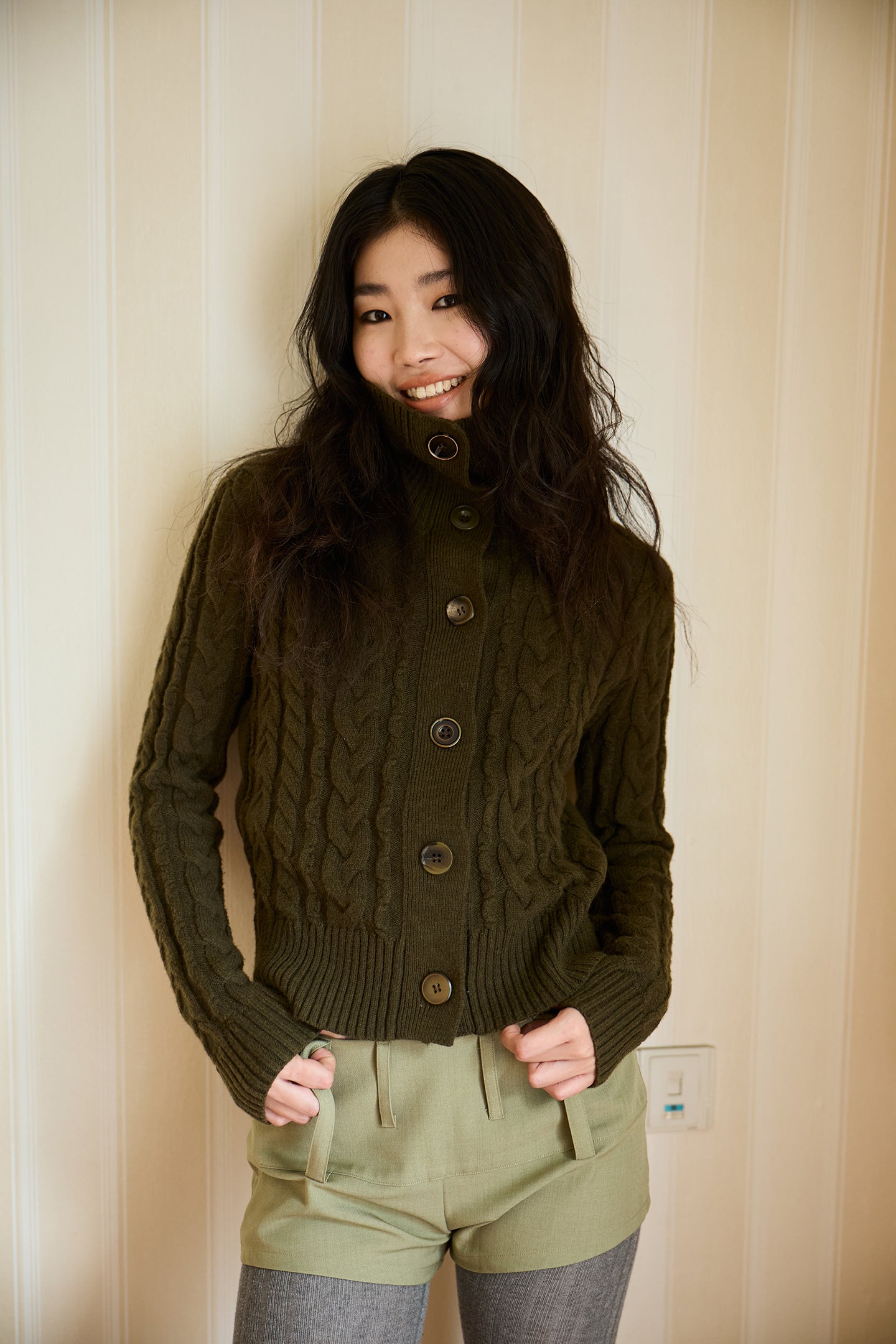 Olive Green Cable Knit Wool Sweater