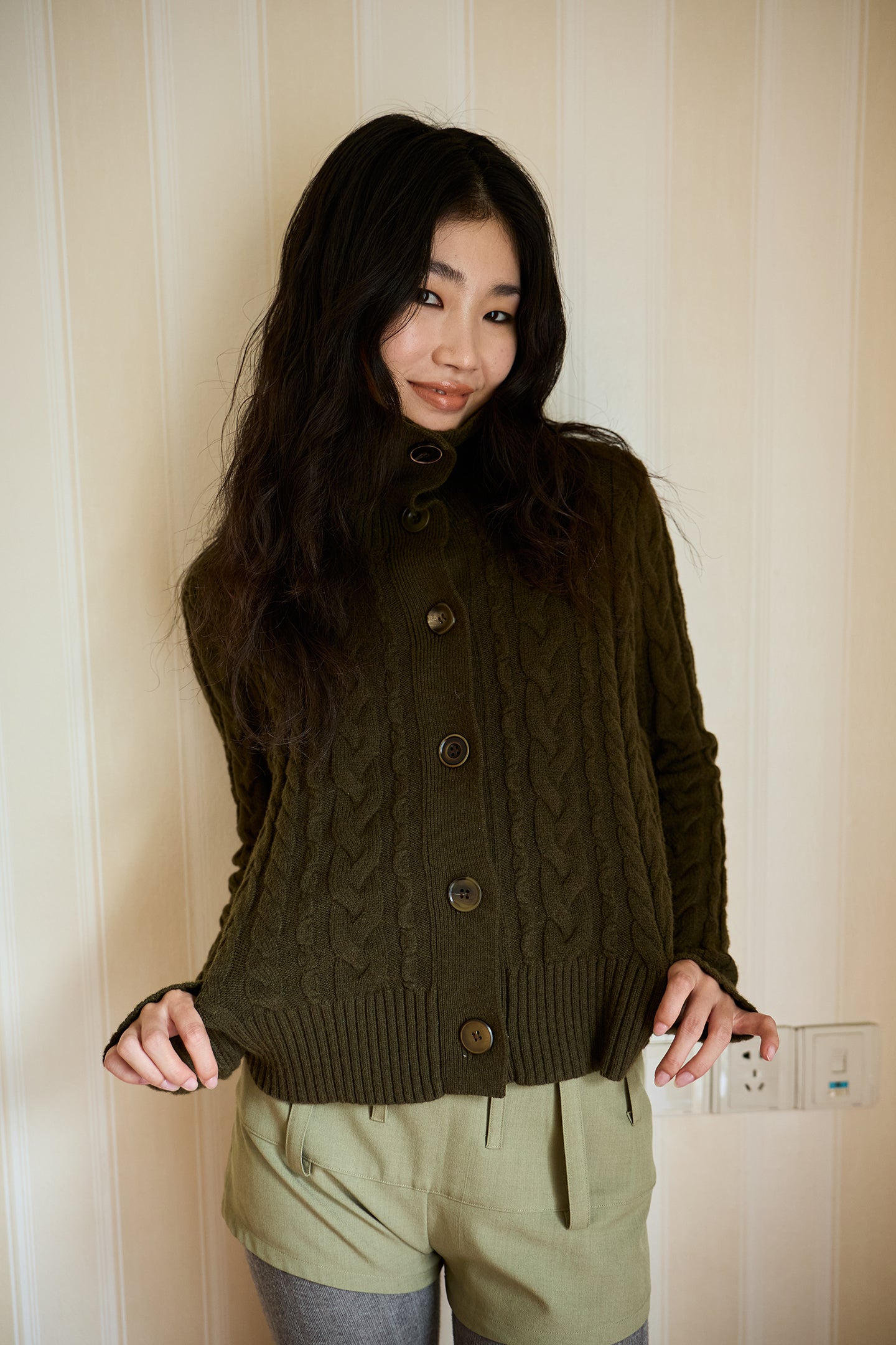 Olive Green Cable Knit Wool Sweater