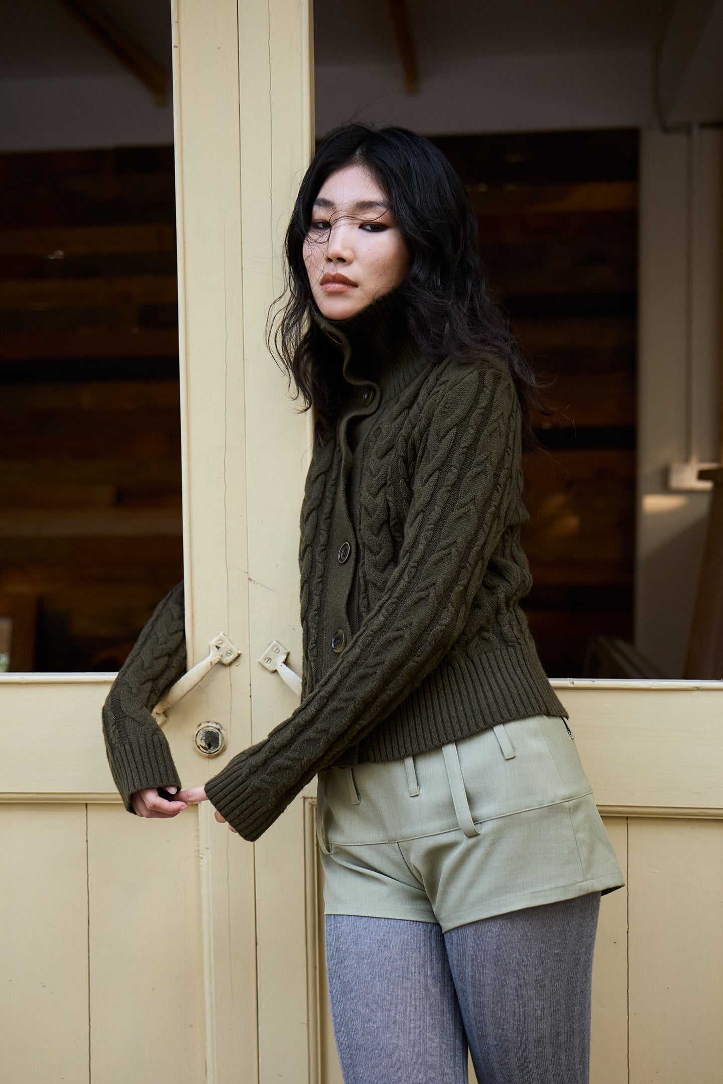 Olive Green Cable Knit Wool Sweater