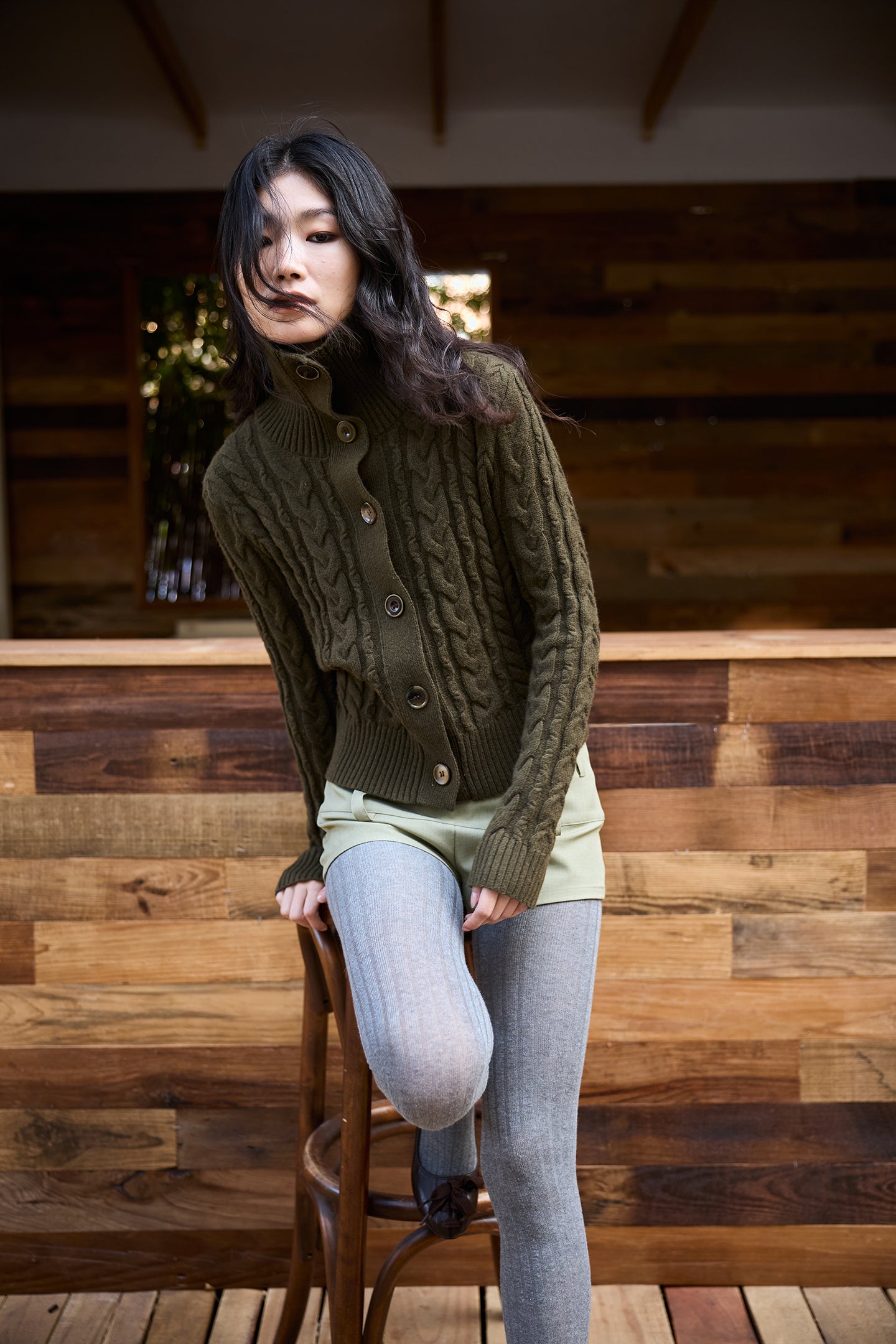 Olive Green Cable Knit Wool Sweater
