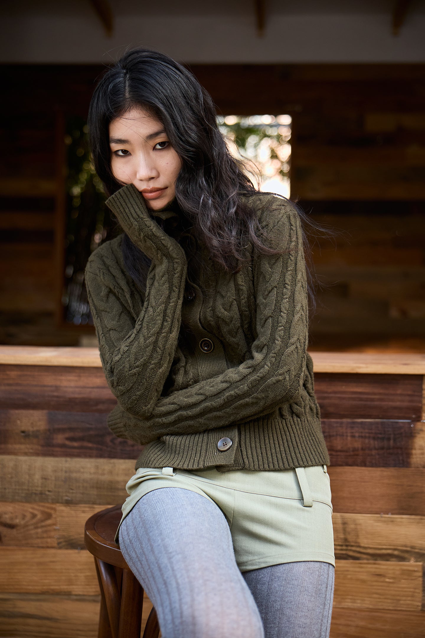 Olive Green Cable Knit Wool Sweater