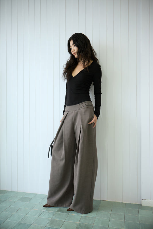 Grey High-Waisted Pleated Wide-Leg Trousers